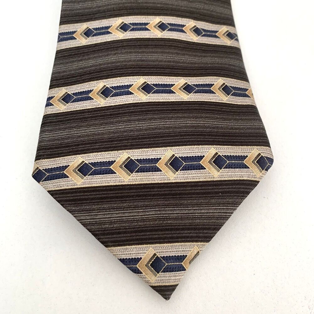 Stafford Relaxed Men Necktie 100% Silk Geometric Black Tan Gray 58" x 3.75"
